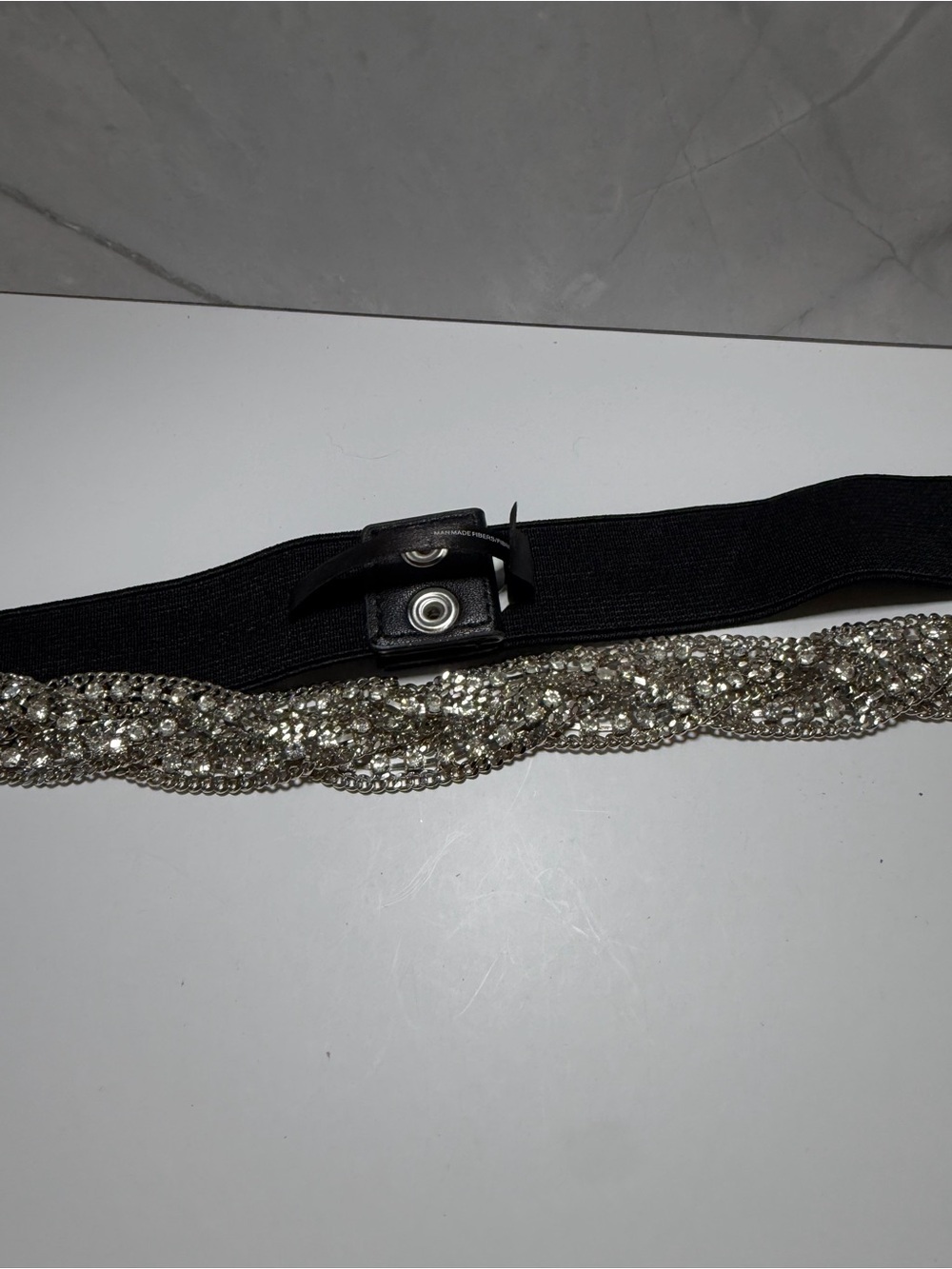 Express black elastic waist belt sparkling silver tone rhinestone beaded